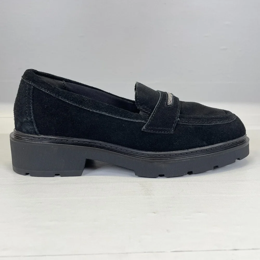 Clarks Lauryl Step Shoes Womens Size 7.5 M Black Suede Slip On Penny Loafers